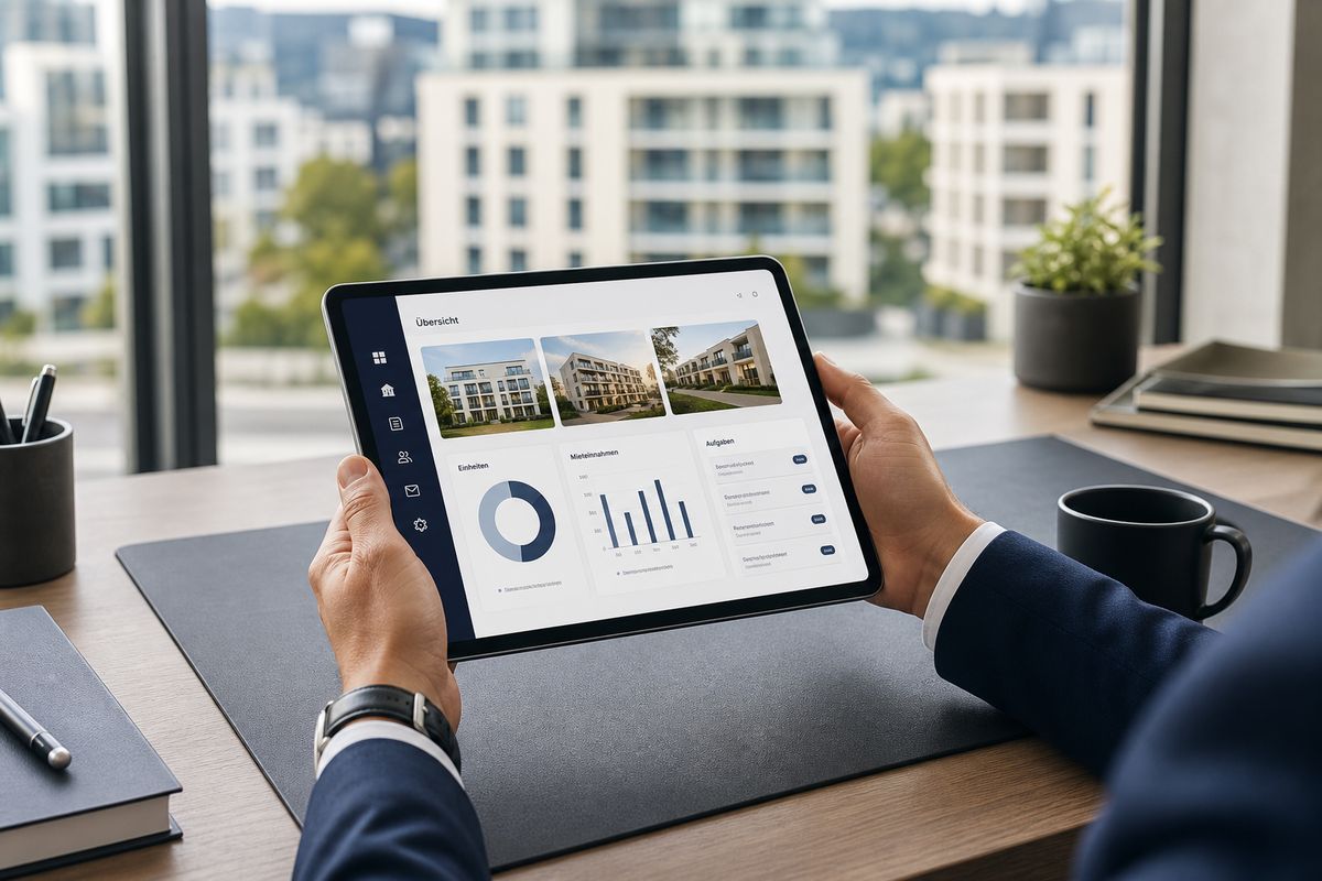 Alvea-Übersicht auf dem Tablet: Objekte, Einheiten, Mieteinnahmen und Aufgaben